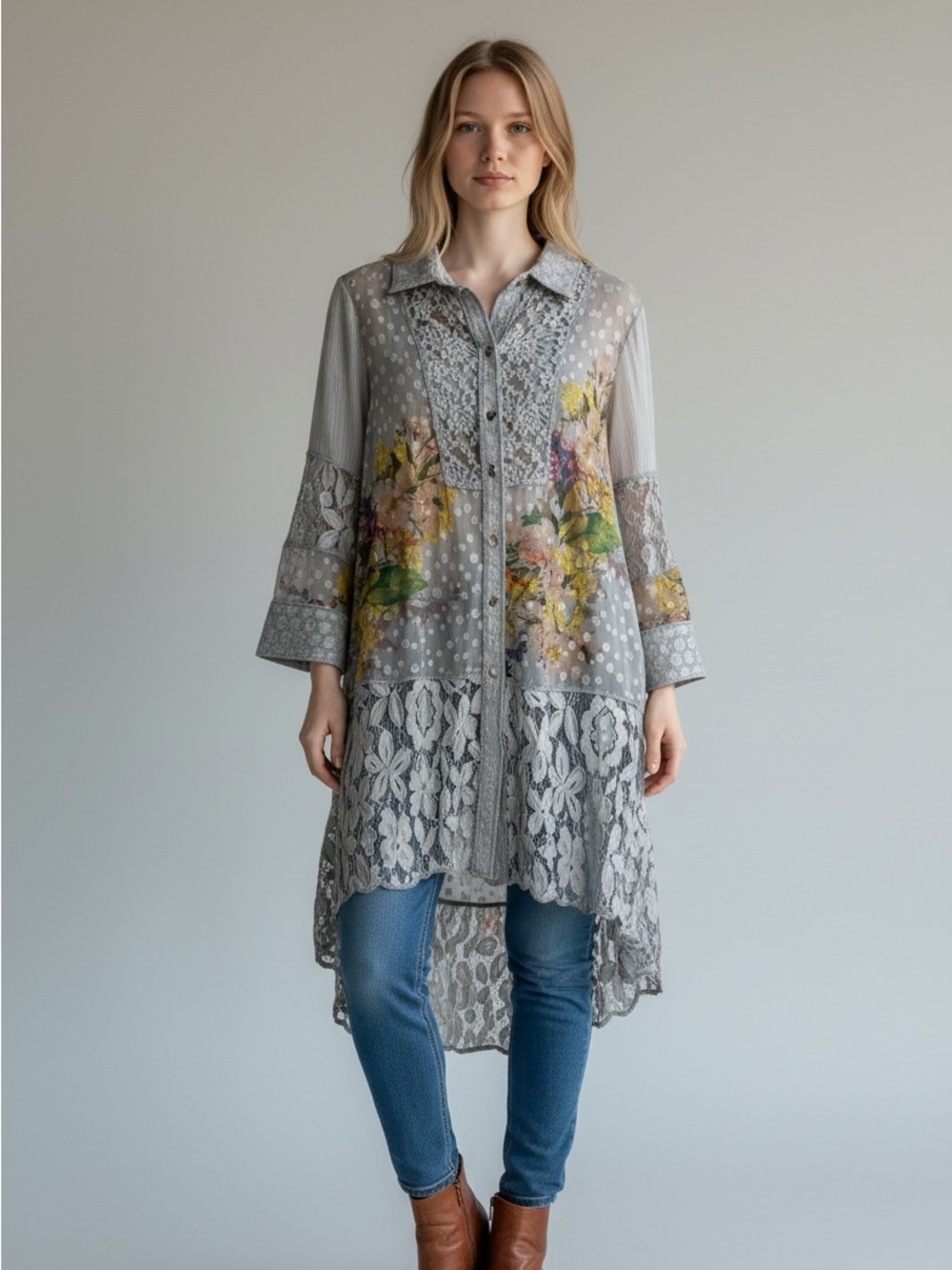 John Mark L Gray Floral Lace Mixed Media High Low Button Front Tunic Top